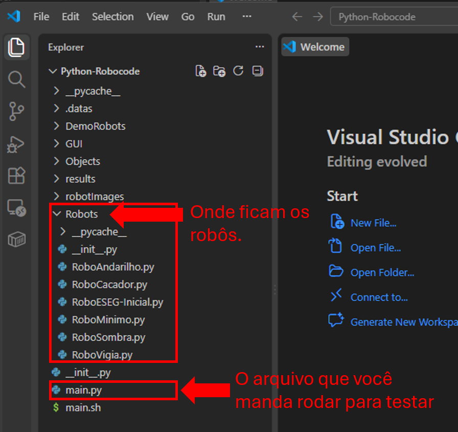 Explorer do VS Code com a pasta Robots e o arquivo main.py destacados em vermelho